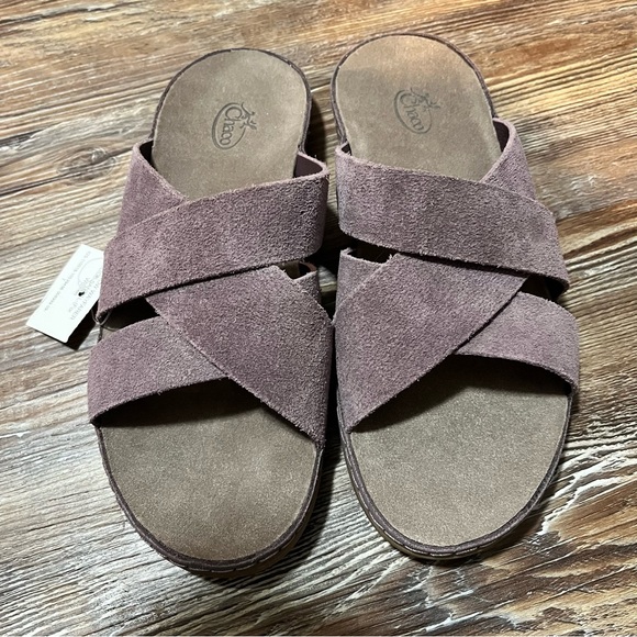 Chaco Women Sz 7 Wayfarer Slide Sandals Sparrow Leather Crisscross Straps Suede - Picture 2 of 7